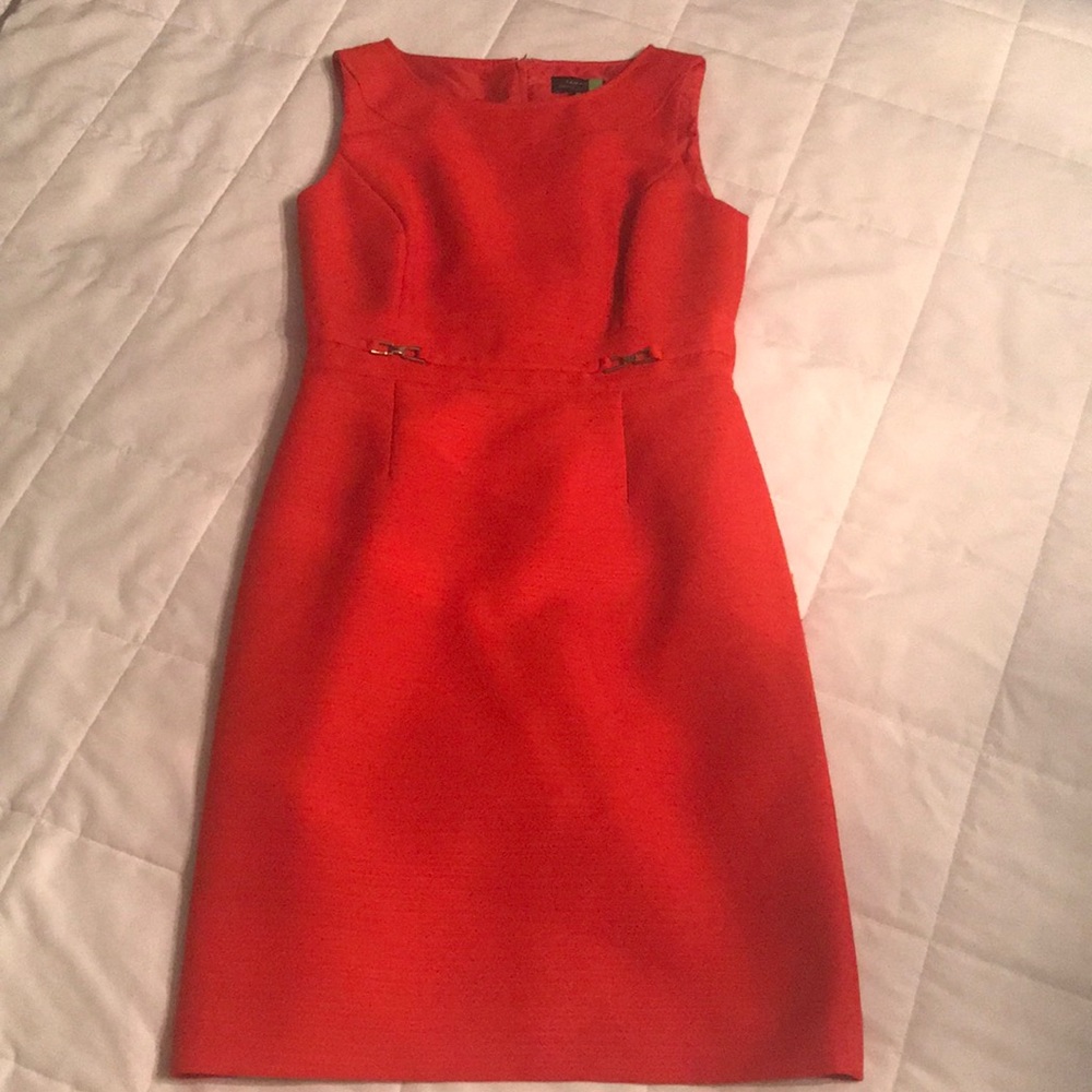 Orange Tahari sheath dress with gold waist details